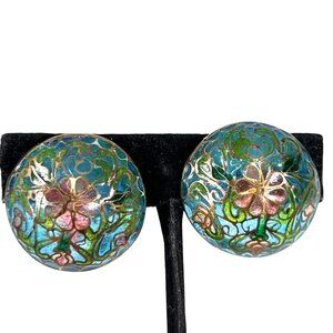 Vtg Floral Cloisonné Screw-Back Dome Earrings Floral Translucent Enamel Art
